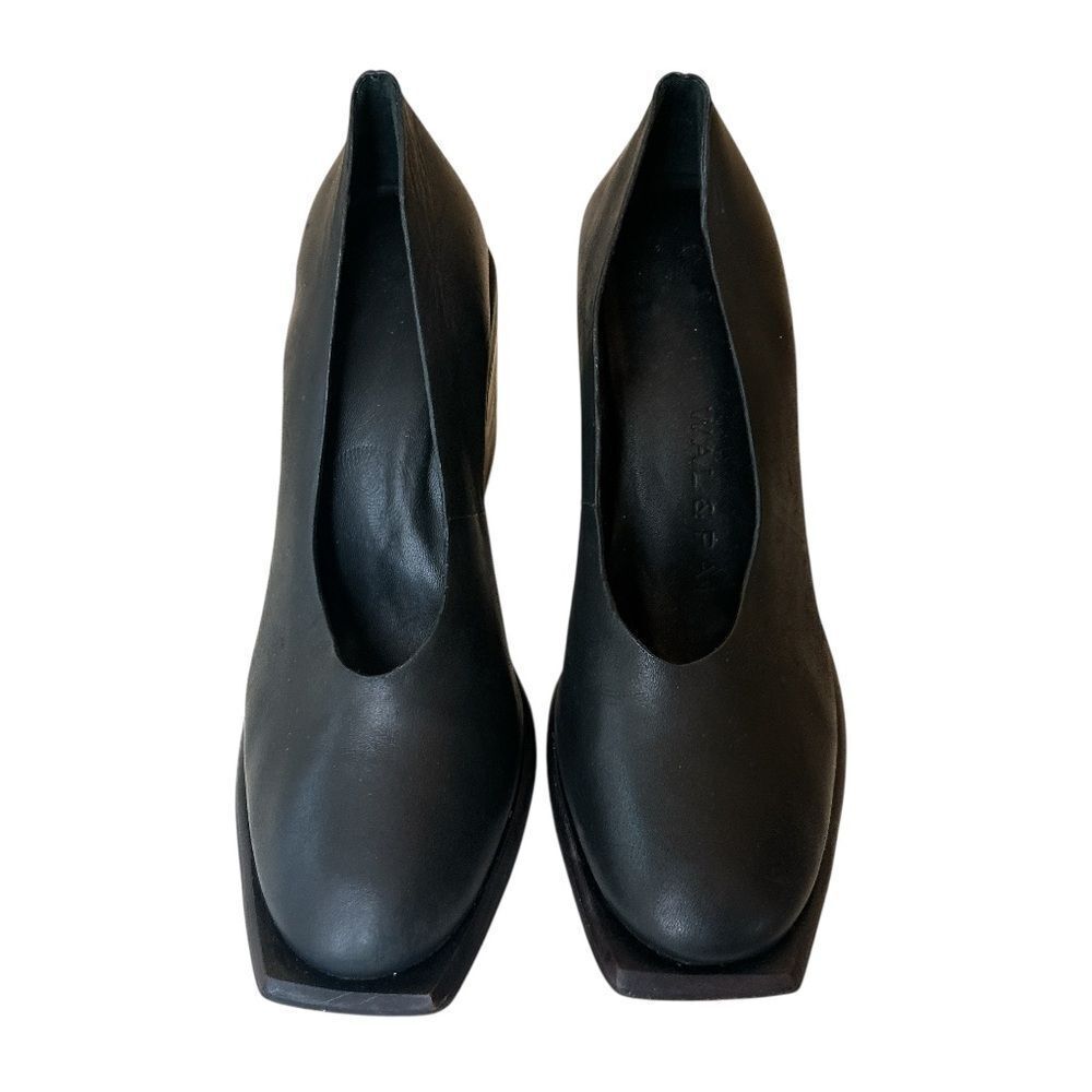 WAL & PAI Leather Black Square Toe Slip Heels